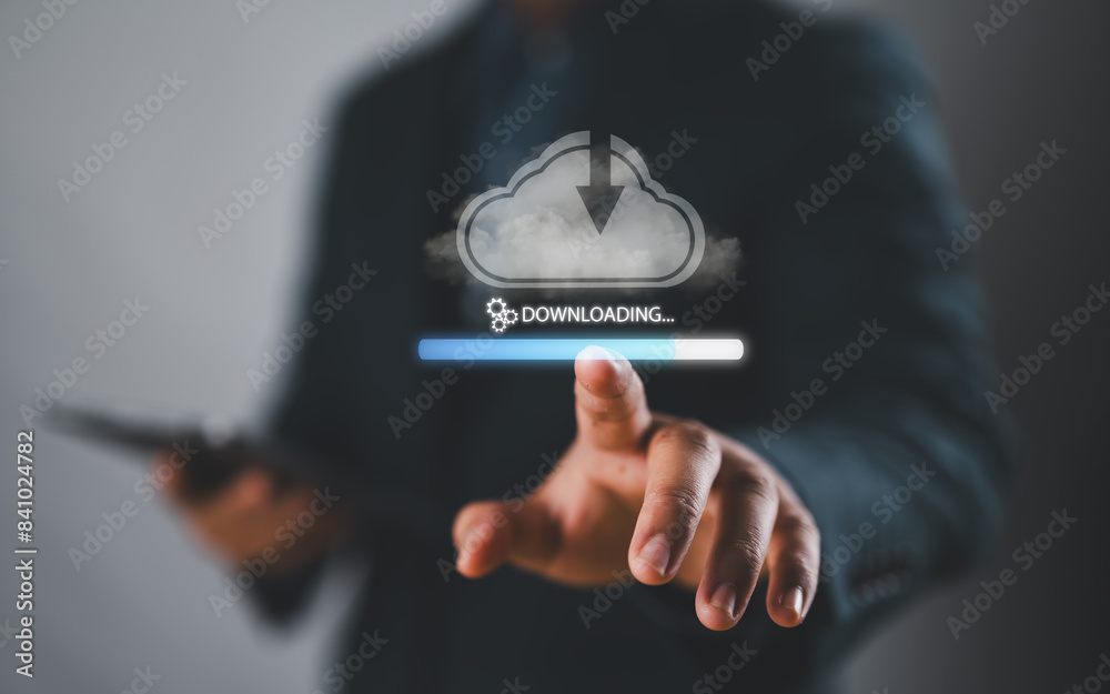 Poster Download processing data concept. Person use smartphone with virtual screen of downloading bar for download files. Downloading data from cloud storage.