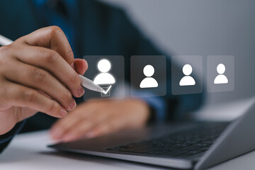 Human Resources management concept. HR manager use laptop with HR icons for recruitment process to work efficiently and achieve sustainable business success. team building.