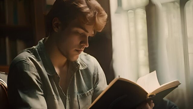 Young Man Deep in Thought Reading Book with Ai generated.
