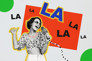 Composite photo collage of happy girl celebrity wear stylish sunglass hold mic sing performance...