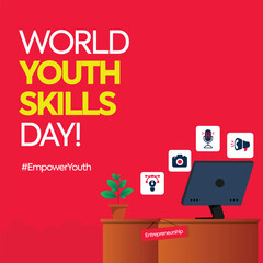 World Youth Skills Day Post. Youth Skills Day marketing post for educational institutes with table, computer and icons of graphic design, voice over, marketing and photography. Empowering Youth post