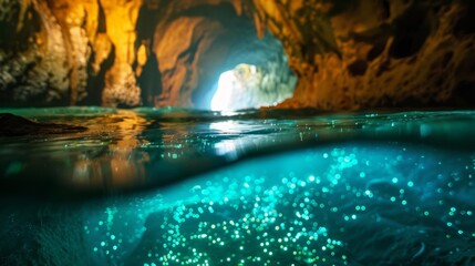 An underground river flows through a cave the water illuminated by the sparkling glow of luminescent algae.