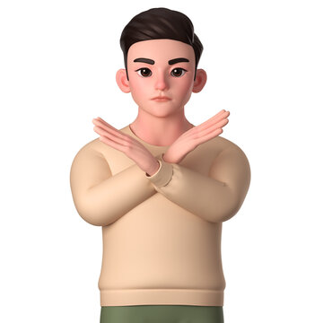 Portrait of half body man  character showing refusal gesture with crossed hands, 3D Character Illustration.
