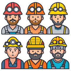 Six diverse cartoon miners wearing safety helmets work gear. Male characters facial hair, headlamps, reflective vests, different expressions. Flat style mining personnel avatars against white