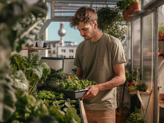 A photorealistic image of a modern laubenpieper from Berlin, young man with a stylish haircut, wearing eco-friendly clothes, harvesting organic vegetables in a hydroponic garden setup