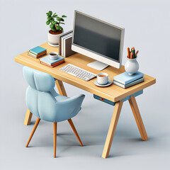 Fototapeta premium clean and simple illustration of an office desk with a computer, books, and a coffee cup on it. 