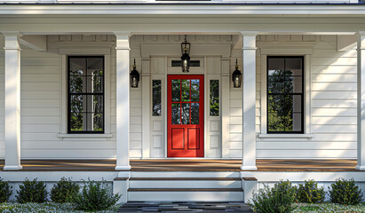 A front door detail of a white modern farmhouse with a red front door. Generative AI