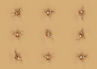 Golden oil lamp among many plain lamp, 3d render