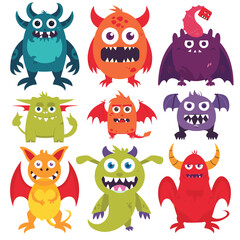 Collection colorful cartoon monsters, cute creature characters children. Various monsters, happy funny aliens, different shapes, horns, wings expressions. Set playful fantasy monster illustrations