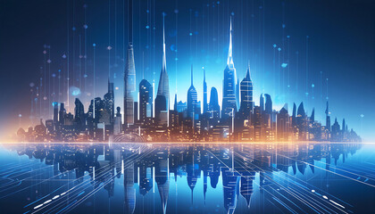 Obraz premium A futuristic cityscape with a digital overlay, reflecting innovation