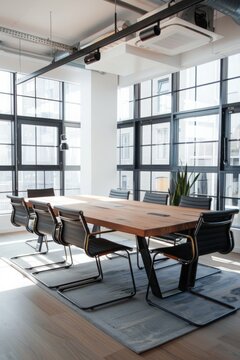 modern conference room featuring long wooden table and stylish chairs. room is bright with large windows and minimal decor, modern office workspace with focus on remote work setup. conference room