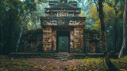 Fototapeta premium An ancient gate in the forest, made of stone. Mossy, full of mystery and history.