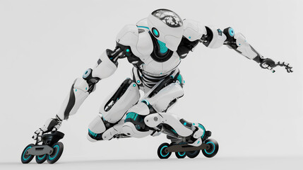 Fototapeta premium Digital Rendering of Robot AI Rollerblading on White Background