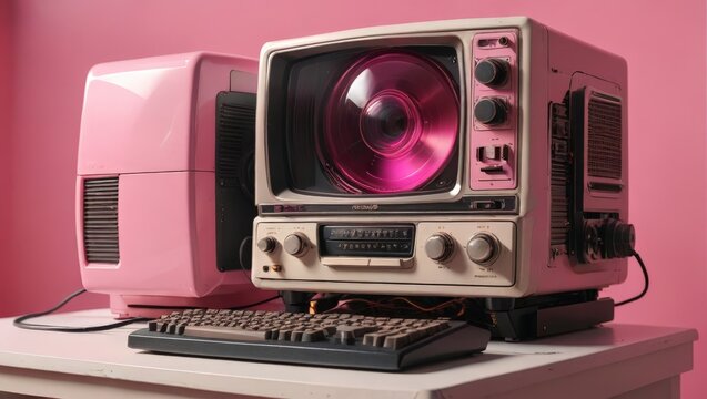 Retro Pink Computer and Monitor Setup on a White Desk