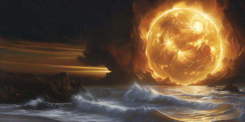 a surrealistic photo showing a giant fireball, burning over the sea