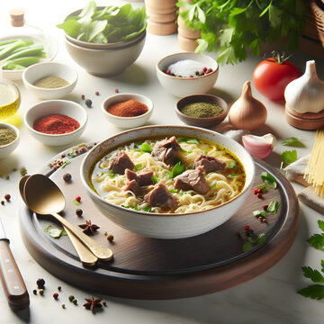 Tatar Kullama Noodle Soup on Marble Countertop