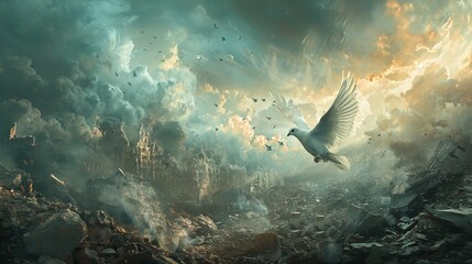 Fototapeta premium A dove, a symbol of peace, soars above a burning city, representing the yearning for tranquility amidst devastation