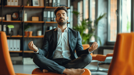 portrait of a businessman meditating in modern office to release stress and focus on work