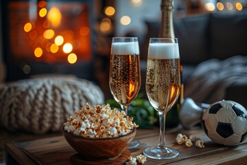 A bowl of popcorn and a glass of beer on a table prepare for watching soccer tournament