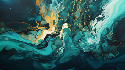 Charcoal and Jade Marble Patterns in Liquid Paint Art with Glowing Patterns