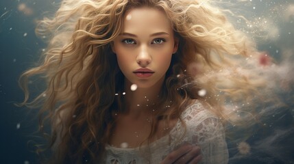 Fototapeta premium A stunning blonde model in a flowy dress walks through a winter wonderland at night with sparkling snowflakes in her hair.