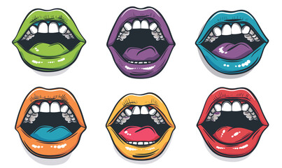 Six colorful cartoon lips, different colors, emotions, isolated white background. Handdrawn mouth expressions, vibrant comic style, illustrated facial features. Diverse lip positions signify
