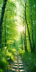 Fototapeta premium Path footpath in the deciduous forest in spring in the summer in the morning sun. Young lush green trees in the forest, vertical orientation
