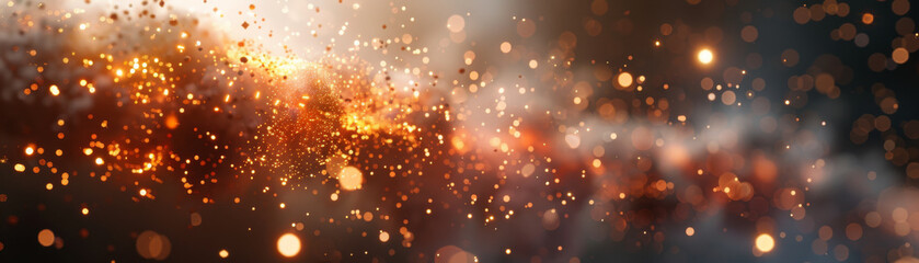 Obraz premium Abstract cosmic explosion with vibrant orange and black hues, resembling a galaxy or nebula in deep space, filled with stars and glowing particles.