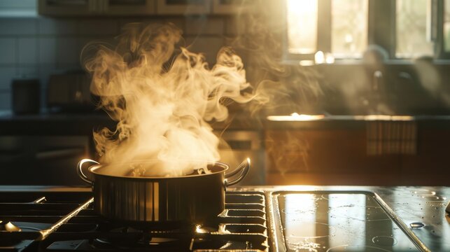 Steaming pot on stove creating warmth
