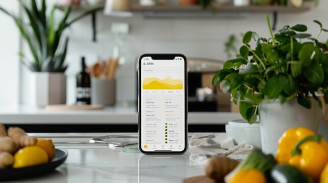 A smartphone sits on a kitchen counter, displaying a financial app with graphs and data. Fresh produce, including lemons, peppers, and ginger, are visible in the background.
