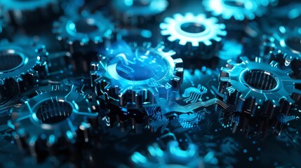 High-Tech Mechanical Gears with Futuristic Blue Lighting, Generative AI