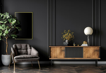 dark living room with single chair- potted plant- wall panels and fireplace