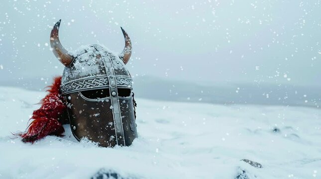 Iconic Viking helmet resting on a snow-covered surface, evoking a sense of ancient valor and adventure
 Seamless looping 4k time-lapse virtual video animation background. Generated AI