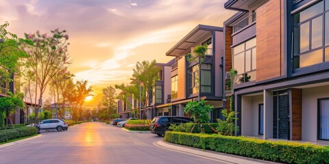 Obraz premium Luxurious Townhouses and Villa Community: Modern Designs for Residential Investment, Real Estate Development, and High-End Living. 4K HD Wallpaper for Real Estate Market and Property Listings