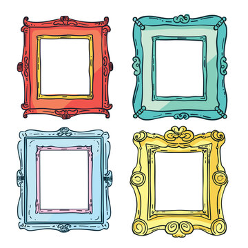 Set colorful vintage picture frames, handdrawn style, isolated white background. Four ornate photo frames red, teal, blue, yellow colors empty space. Elegant decorative elements interior design, art