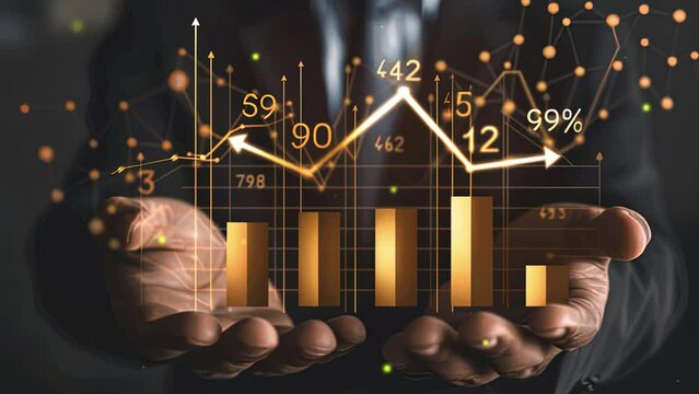 Graph with symbol. Business growth concept. Businessman hold up arrow icon and percentage with graph indicators for investment growth. Strategic business success. Business vision. 4K Videos