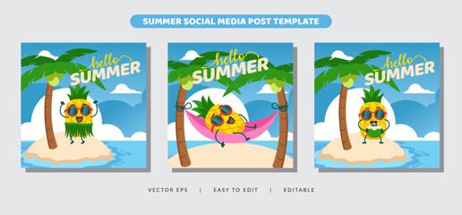 Hello summer activity with pineapple mascot character for social media post banner