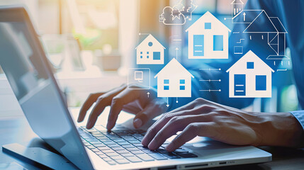 Strategic business success. Real estate investment. Financial planning and investment business development. Businessman use laptop with house icon for analyzing mortgage loan home and insurance real  