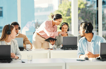 Call center, office training and people in computer for customer service, online review and...