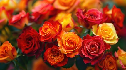 Fototapeta premium Macro photography of a vibrant bouquet of roses blooming in red orange and yellow from my pesticide free garden