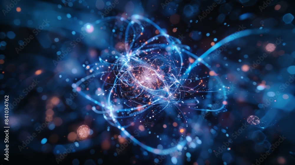 Poster A surreal visualization of a quantum-entangled molecular structure, where particles appear to be interconnected by threads of energy, creating a mesmerizing cosmic dance.