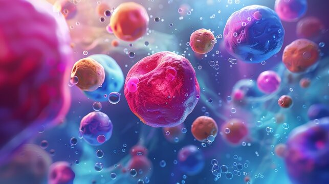 A vibrant photorealistic artwork showcasing skin cells as colorful molecular spheres, bursting with life and energy.