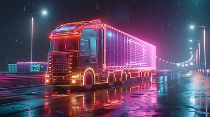 An immersive depiction of a lorry truck with a container blueprint rendered in stunning 3D, illuminated by glowing neon holograms, evoking a sense of futuristic innovation