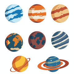 Nine colorful cartoonstyle illustrations planets. Various planet designs feature rings, different patterns colors signifying diverse planetary bodies. Collection isolated celestial graphics perfect