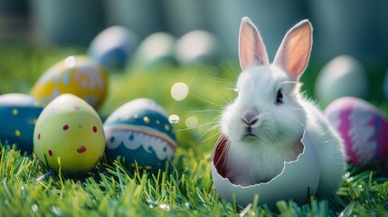 Adorable Easter bunny emerging from egg on green grass. White bunny with expressive eyes peeking out of a cracked egg.