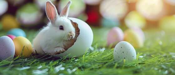 Adorable Easter bunny emerging from egg on green grass. White bunny with expressive eyes peeking out of a cracked egg.