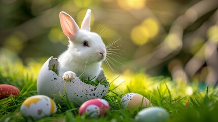 Fototapeta premium Adorable Easter bunny emerging from egg on green grass. White bunny with expressive eyes peeking out of a cracked egg.