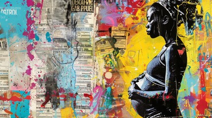 Fototapeta premium Urban art collage with pregnant woman for peace and love message. Multicolored paint splash, newspaper clippings, and pregnant woman illustration.