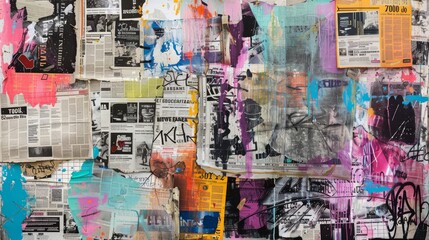 Fototapeta premium Urban street art featuring graffiti and newspaper collage. Grunge textures, ripped newspaper fragments, and bold paint strokes.