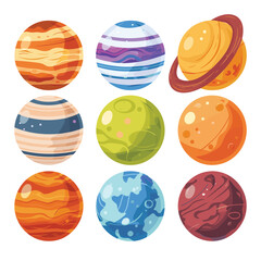 Collection colorful cartoon planets, space theme design elements. Bright celestial bodies, planetary illustration childrens educational material. Planetary set, colorful spheres depicting various
